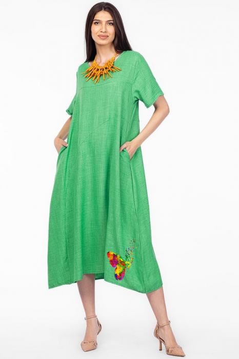 Rochie lunga verde din in mercerizat, marime oversize cu fluture stilizat