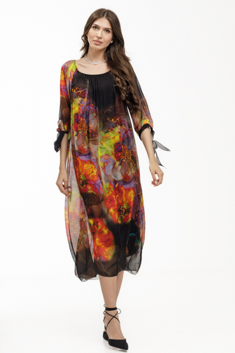 Rochie lunga negra cu imprimeu floral spectaculos, din matase naturala