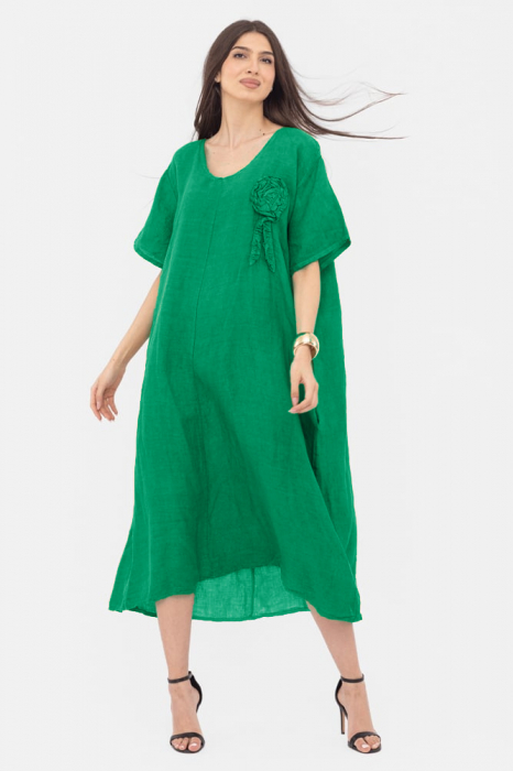 Rochie masura mare din in, cu boboc aplicat, verde