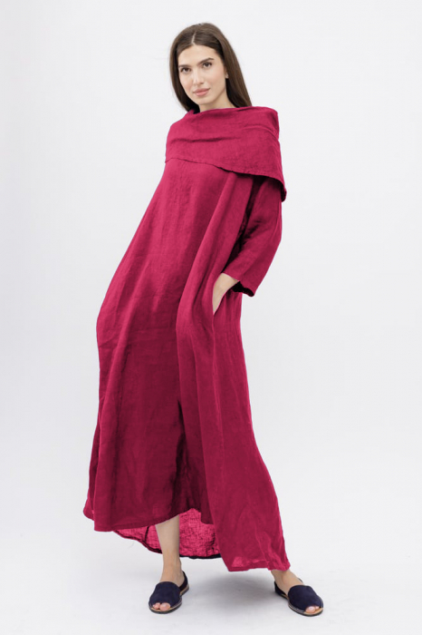 Rochie maxi,  A-line, din in, cu guler amplu, magenta