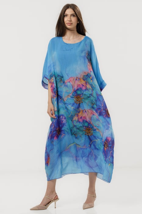 Rochie maxi oversize albastra cu imprimeu artistic floral stilizat
