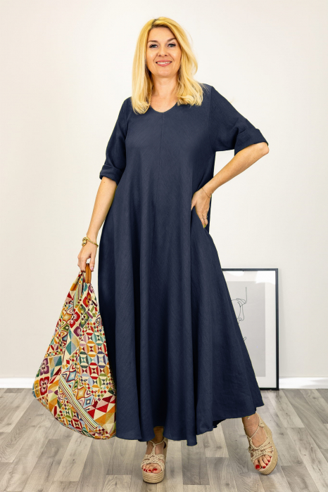Rochie maxi din in foarte ampla bleumarin