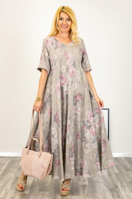 Rochie maxi din in foarte ampla cu bej imprimeu floral