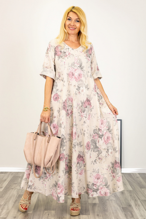 Rochie maxi din in foarte ampla cu bej dechis imprimeu floral