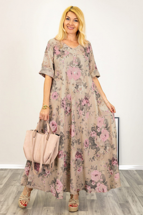 Rochie maxi din in foarte ampla cu imprimeu floral camel