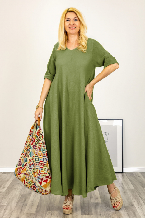 Rochie maxi din in foarte ampla verde oliv