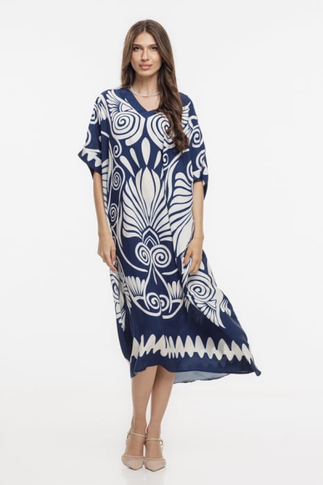Rochie maxi oversize din vascoza  bleumarin cu imprimeu etnic abstract