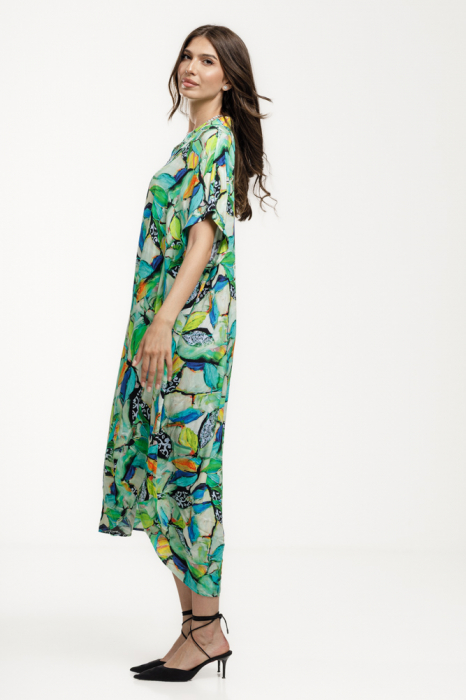 Rochie lunga lalea, vaporoasa, din vascoza cu imprimeu tropical multicolor predominant verde [3]