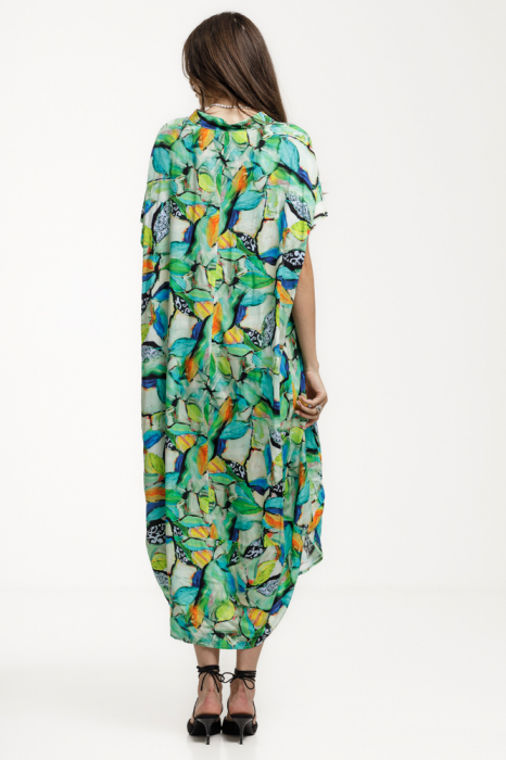 Rochie lunga lalea, vaporoasa, din vascoza cu imprimeu tropical multicolor predominant verde [4]