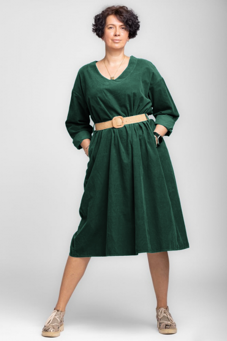 Rochie midi A-line din catifea reiata, cu curea, verde inchis