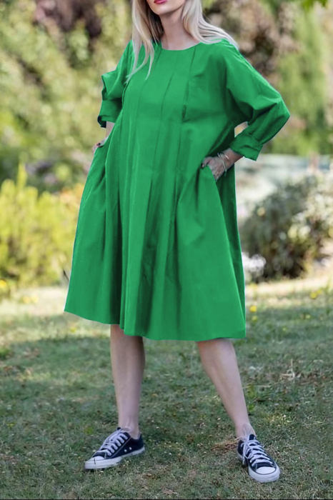 Rochie midi verde cu pliuri in fata si spate, din poplin de bumbac