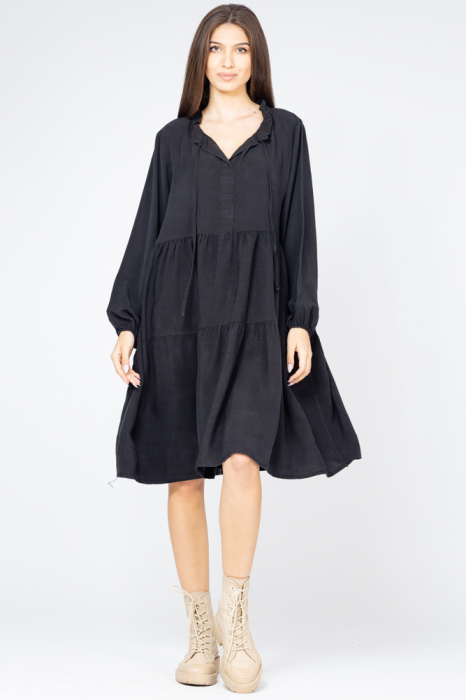 Rochie midi cu doua volane din tencel, neagra