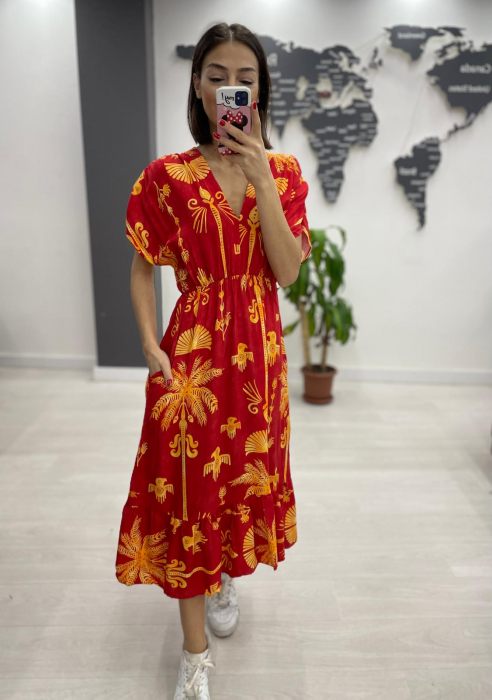 Rochie midi din bumbac, cu elastic in talie si imprimeu galben pe fond bordo