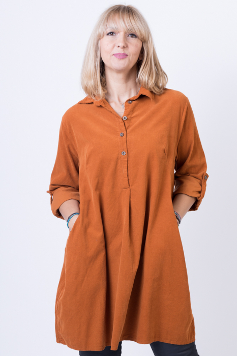 Rochie din catifea reiata cu guler camasa, caramizie