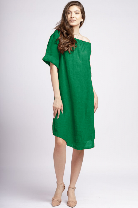 Rochie midi din in verde, cu decolteu pe elastic