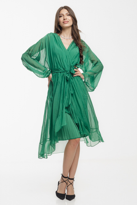 Rochie eleganta din matase naturala, cu volane si cordon in talie, verde