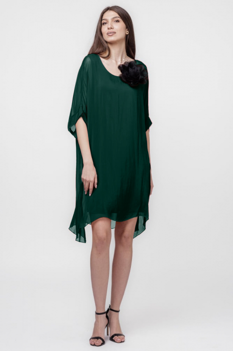 Rochie midi, dreapta, din matase naturala, cu funda pe spate, verde inchis