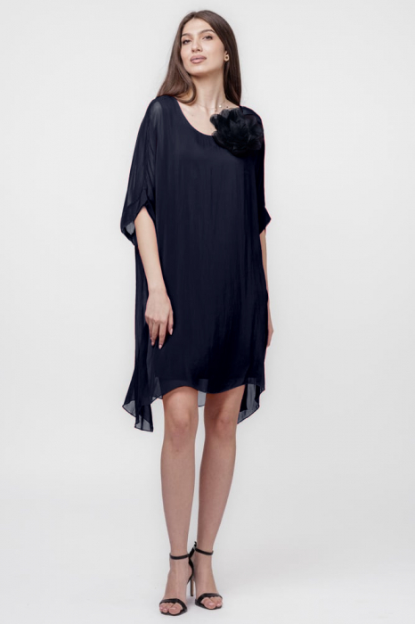 Rochie midi, dreapta, din matase naturala, cu funda pe spate, bleumarin