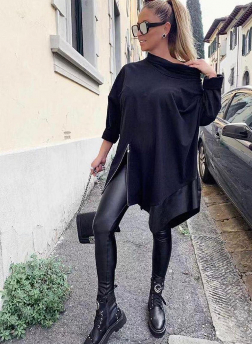 Rochie neagra asimetrica pentru colanti, din tricot de bumbac cu piele ecologica si fermoar