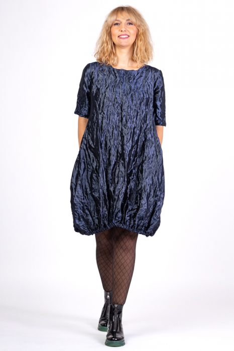 Rochie midi gogosar din tafta cu memorie, albastru metalizat