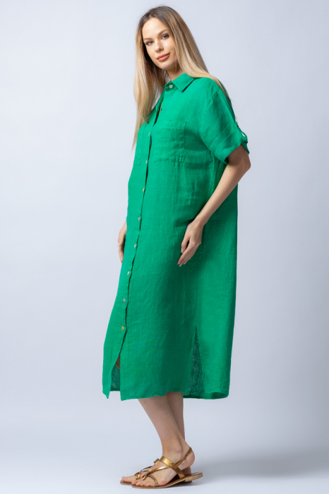 Rochie midi verde, tip camasa, cu buzunare aplicate, din in [2]
