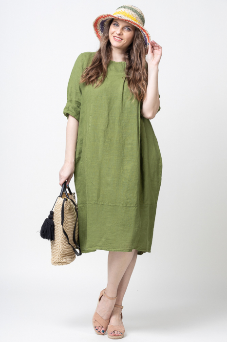 Rochie din in cu doua cute pe decolteu, verde olive