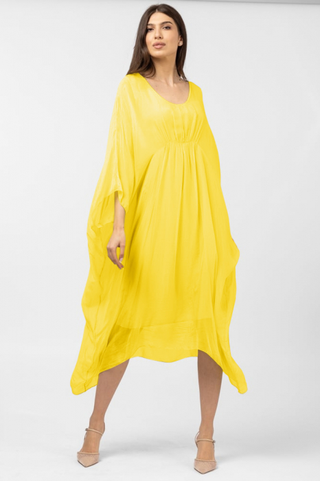 Rochie galben intens in colturi, lunga, ampla, din matase naturala, cu detaliu sub bust