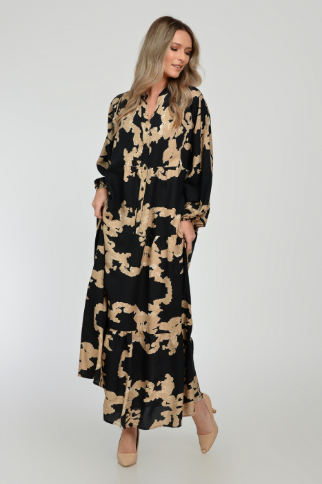 Rochie lunga, neagra, A-line cu imprimeu abstract bej, din vascoza [7]