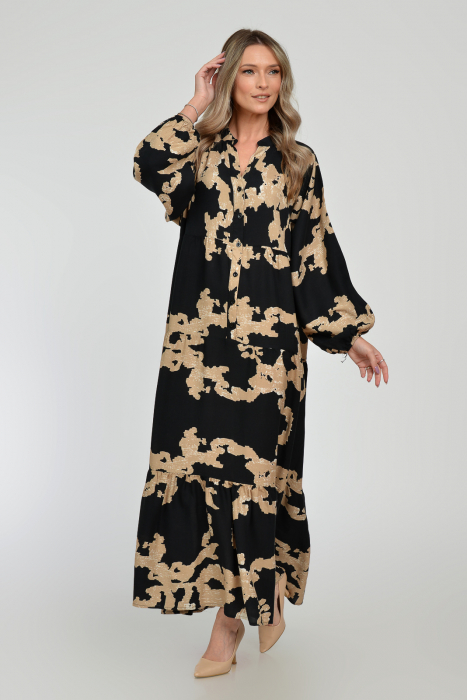 Rochie lunga, neagra, A-line cu imprimeu abstract bej, din vascoza [4]