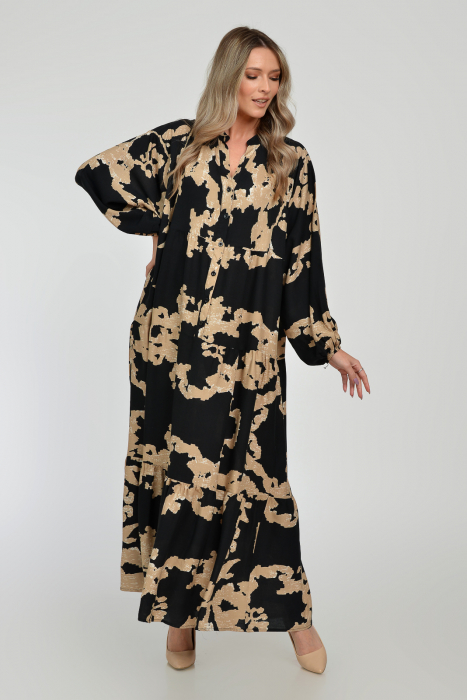 Rochie lunga, neagra, A-line cu imprimeu abstract bej, din vascoza [6]
