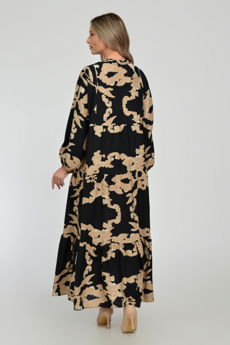 Rochie lunga, neagra, A-line cu imprimeu abstract bej, din vascoza [11]