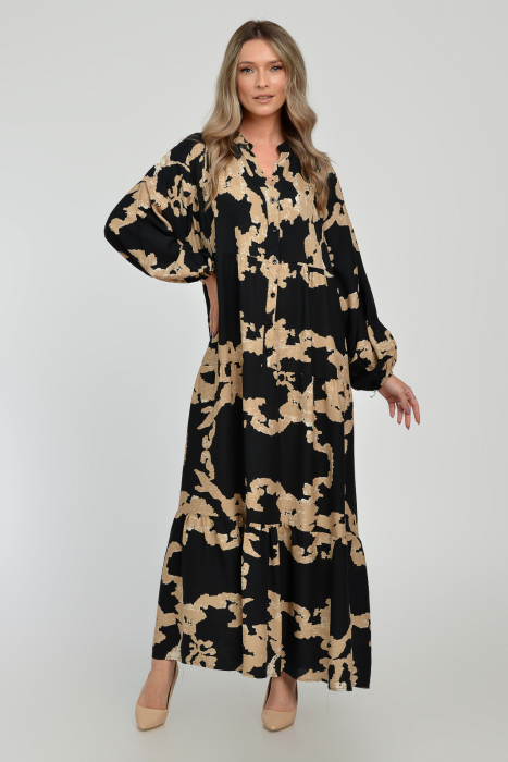 Rochie lunga, neagra, A-line cu imprimeu abstract bej, din vascoza [10]