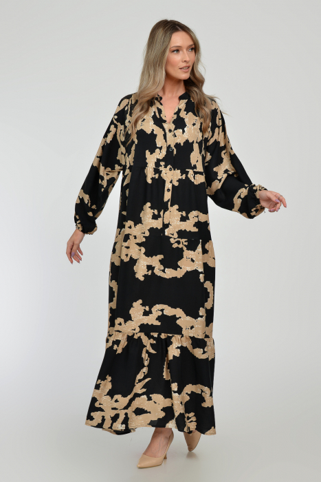 Rochie lunga, neagra, A-line cu imprimeu abstract bej, din vascoza [9]