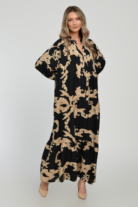 Rochie lunga, neagra, A-line cu imprimeu abstract bej, din vascoza [5]