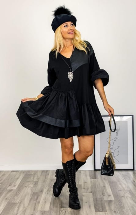 Rochie neagra asimetrica, din jerseu punto milano, piele ecologica si tafta