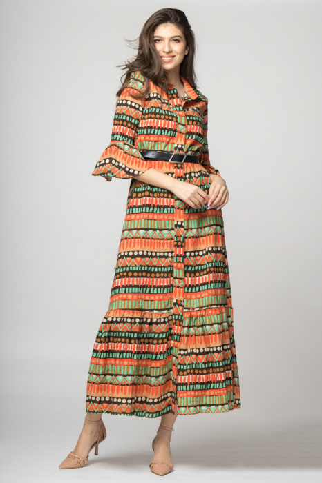 Rochie camasa, multicolora, cu volan si imprimeu geometric