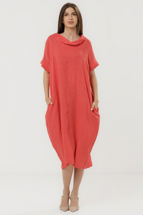 Rochie neagra din in cu croiala oversized si guler lejer, roz inchis