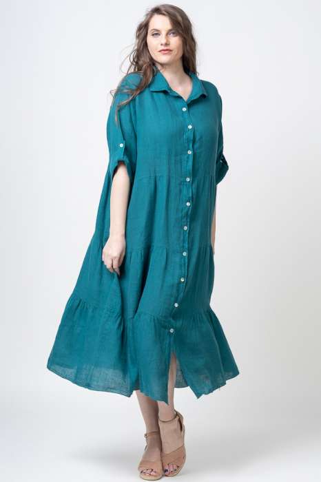 Rochie camasa cu volane, din in, turcoaz