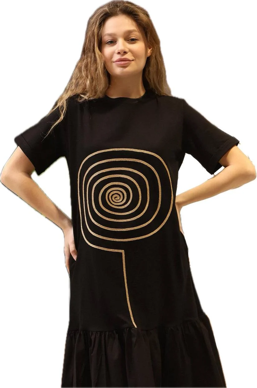 Rochie neagra din jerseu cu aplicatie aurie Lollipop si volan de poplin de bumbac, cu maneca scurta [3]