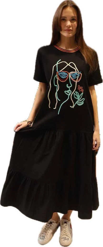 Rochie neagra din jerseu cu aplicatie grafica chip color si volan de poplin de bumbac, cu maneca scurta [2]