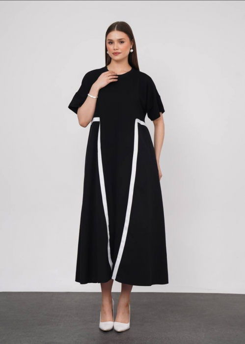 Rochie neagra doua materiale, din jerseu fin si poplin de bumbac cu detalii albe