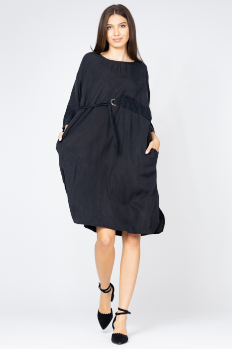 Rochie neagra stella milani din tencel, cu cordon