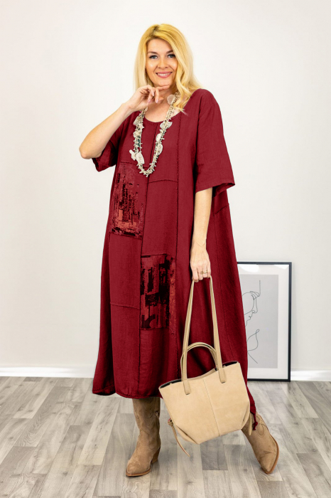 Rochie oversize A-line, din in cu snur in partea de jos, bordo