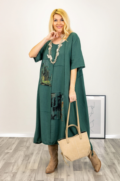 Rochie oversize A-line, din in cu snur in partea de jos, verde forest