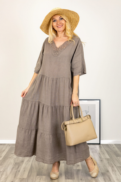 Rochie oversize cu volane si dantela la decolteu, din in bej inchis