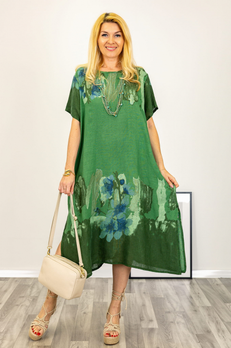 Rochie oversize din in cu imprimeu abstract pe fond verde