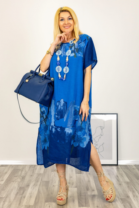 Rochie oversize din in cu imprimeu abstract pe albastru