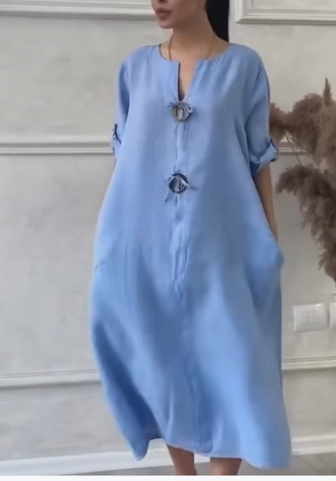 Rochie din in, cu doi nasturi decorativi pe piept, albastru deschis