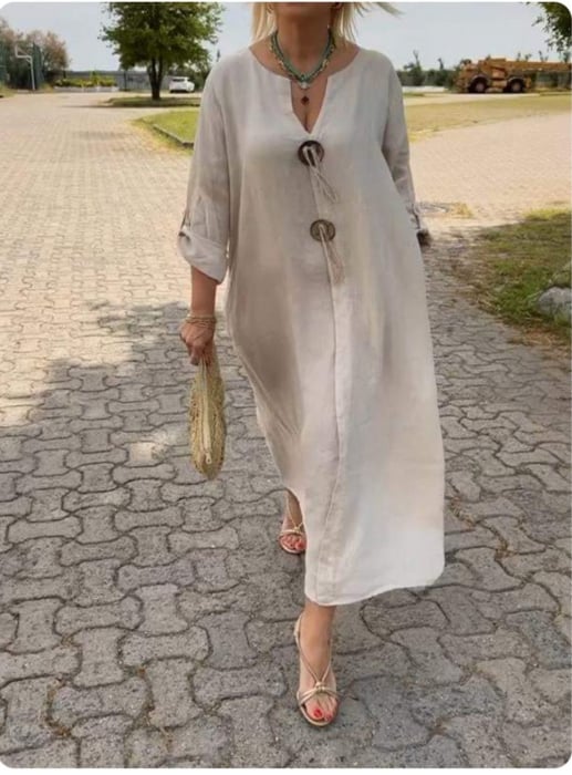 Rochie din in, cu doi nasturi decorativi pe piept, bej