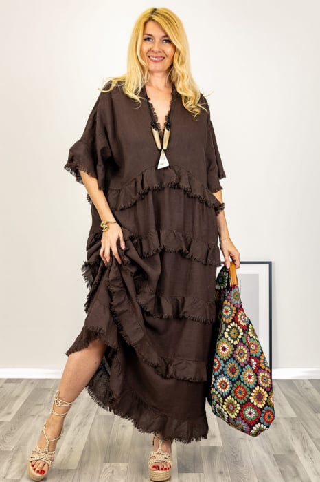 Rochie oversize din in si bumbac cu volane aplicate, maro ciocalatiu
